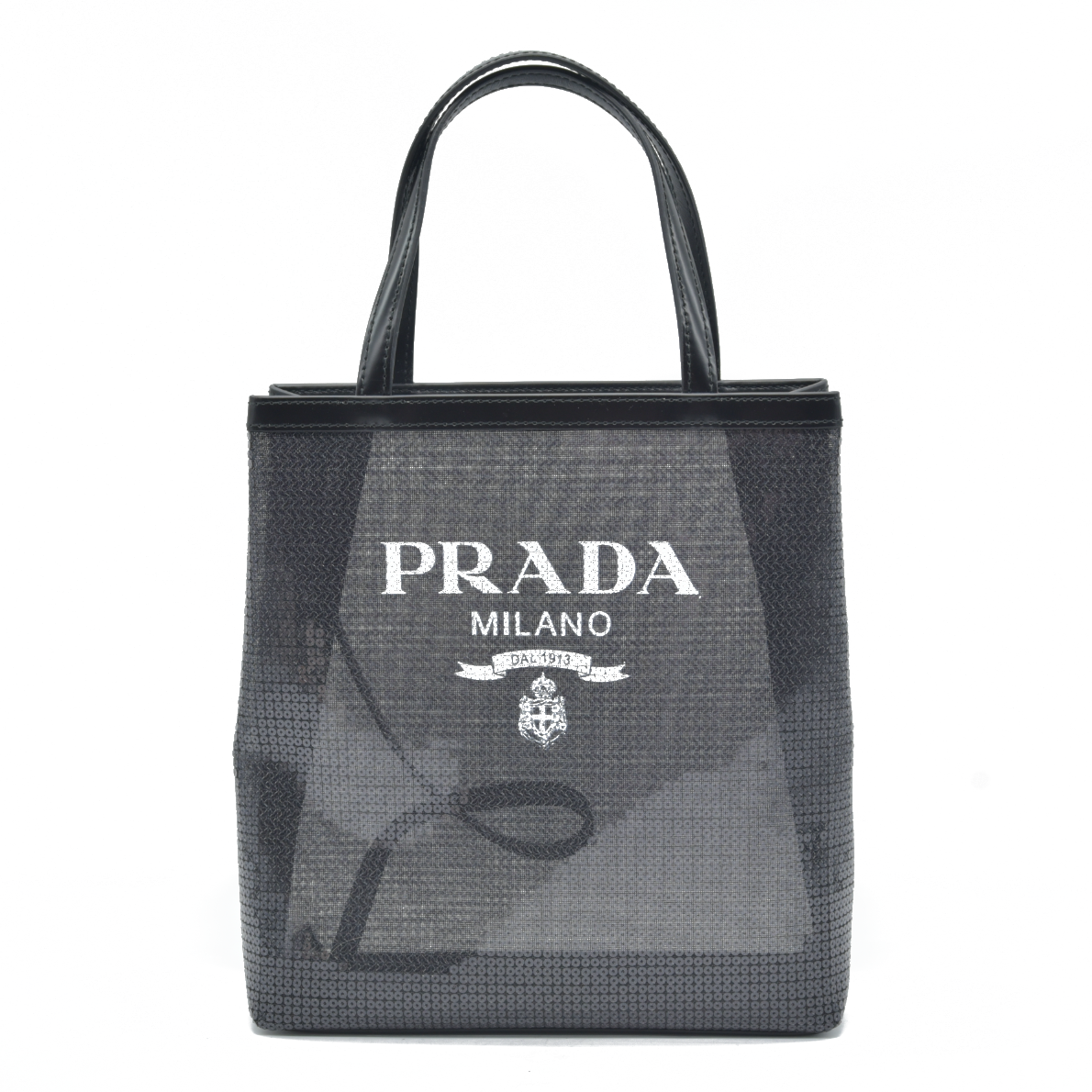 $2100 Prada Sequin Rete Paillettes Small Tote Bag Black