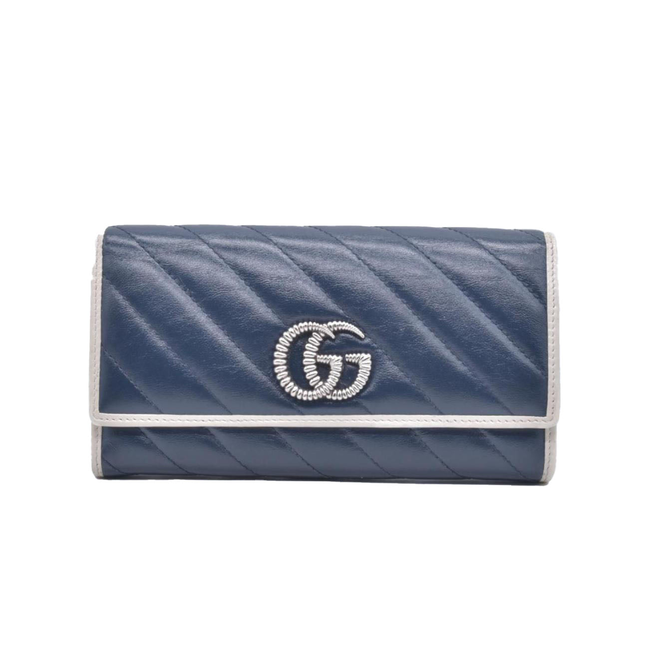Gucci Vintage Effect Calfskin matelasse Diagonal Torchon GG Marmont Continental Clutch Wallet Blue Agata Mystic White CONSIGNMENT