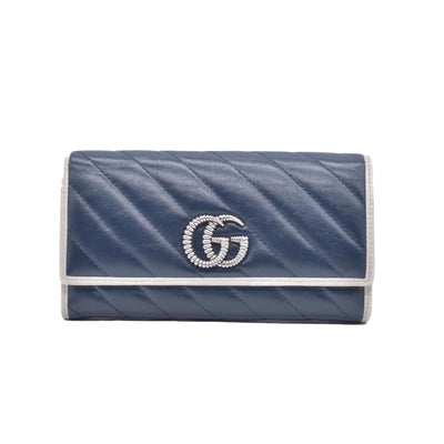 Gucci Vintage Effect Calfskin matelasse Diagonal Torchon GG Marmont Continental Clutch Wallet Blue Agata Mystic White CONSIGNMENT
