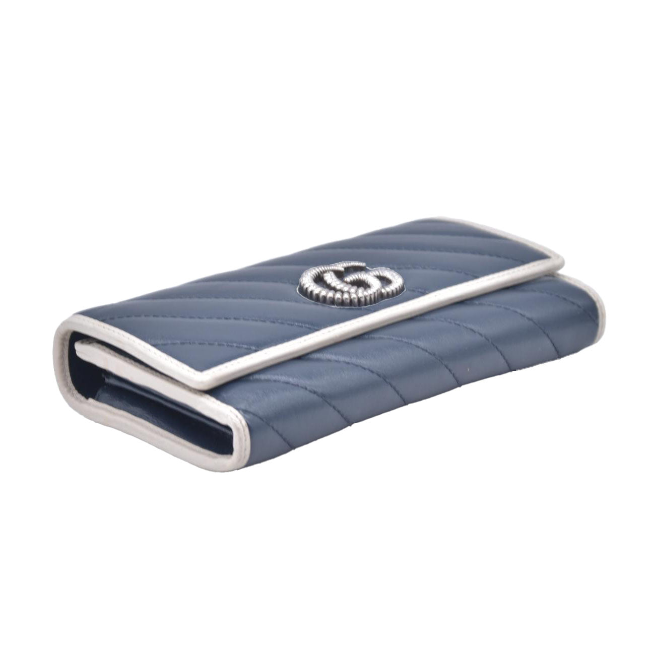 Gucci Vintage Effect Calfskin matelasse Diagonal Torchon GG Marmont Continental Clutch Wallet Blue Agata Mystic White CONSIGNMENT