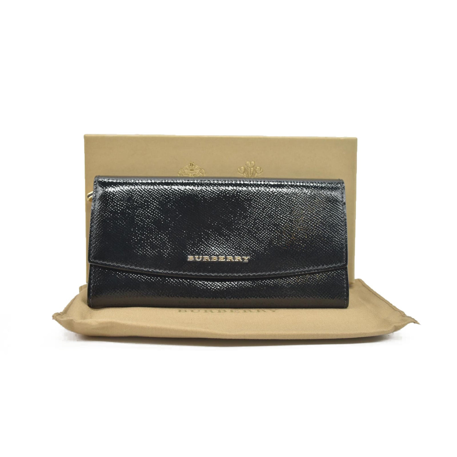 $620 Burberry Grainy Calfskin Patent Black Leather Porter Continental Wallet Black CONSIGNMENT