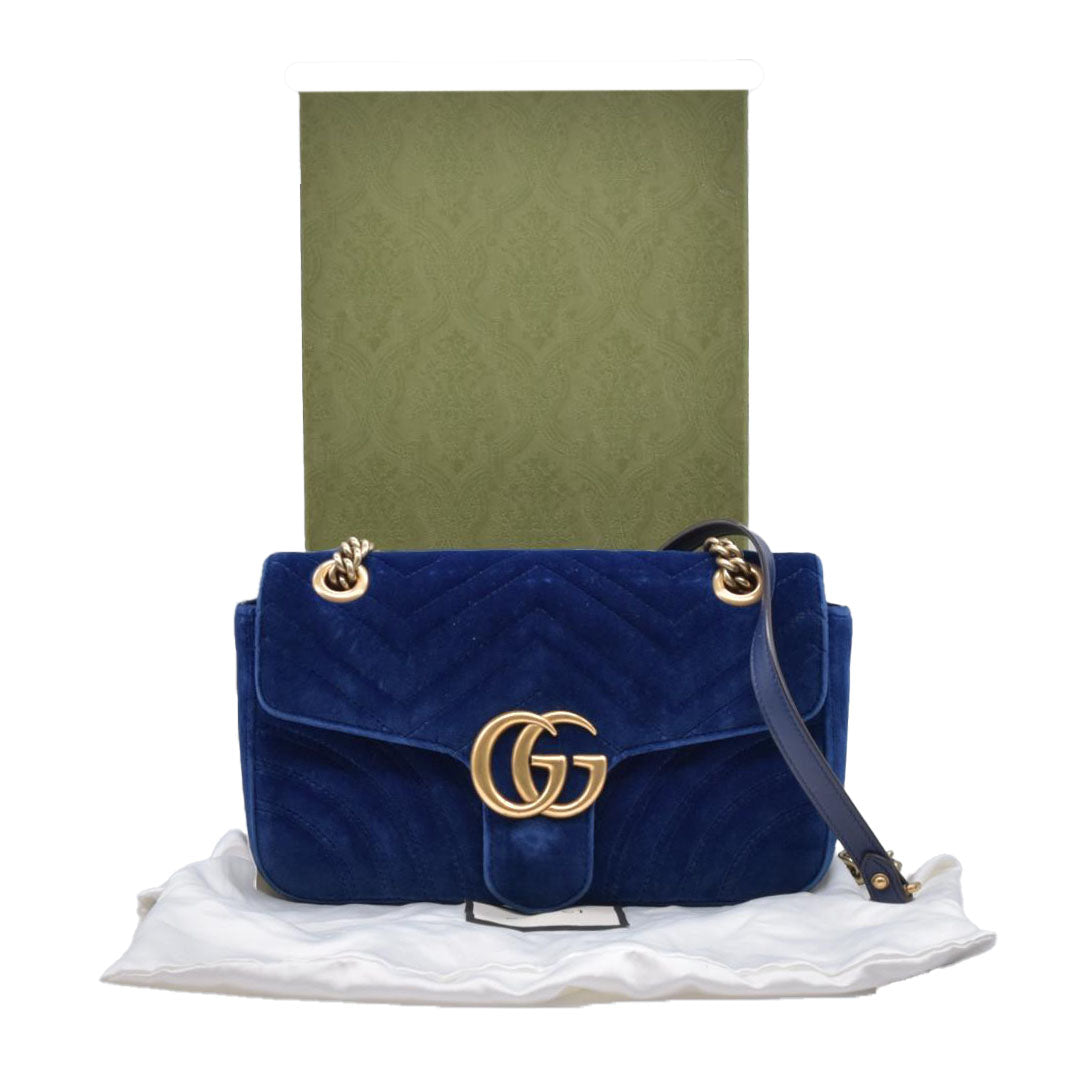 $2850 Gucci Velvet Matelasse Small GG Marmont Shoulder Bag Cobalt Blue CONSIGNMENT