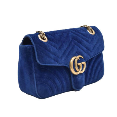 $2850 Gucci Velvet Matelasse Small GG Marmont Shoulder Bag Cobalt Blue CONSIGNMENT