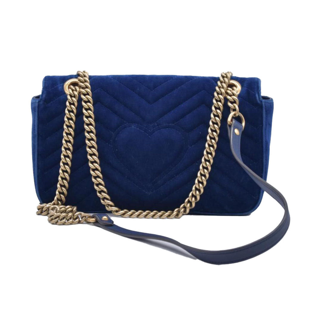 $2850 Gucci Velvet Matelasse Small GG Marmont Shoulder Bag Cobalt Blue CONSIGNMENT