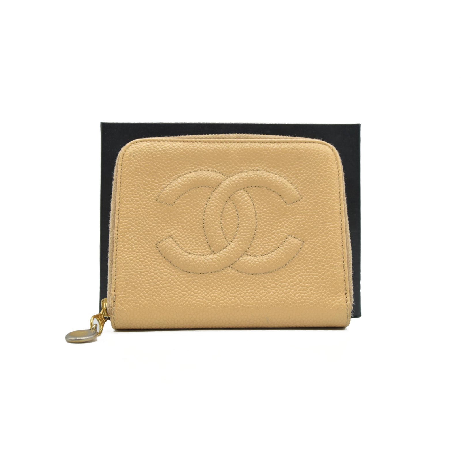 $700 Chanel Caviar Timeless CC Zip Around Coin Purse Beige CONSIGNMENT