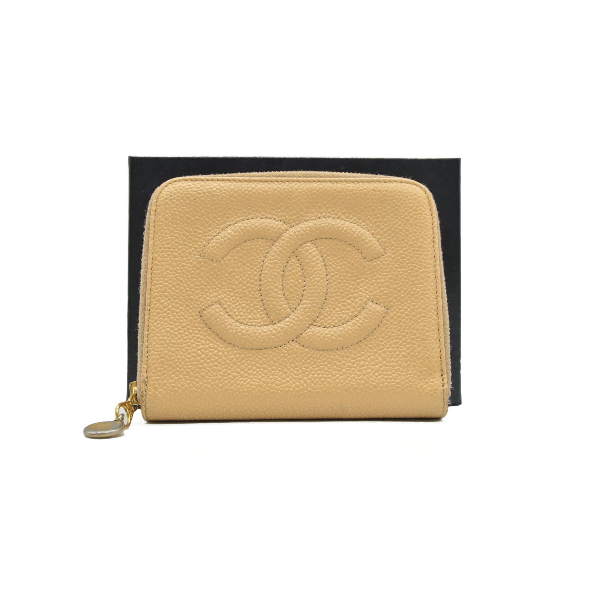 $700 Chanel Caviar Timeless CC Zip Around Coin Purse Beige CONSIGNMENT