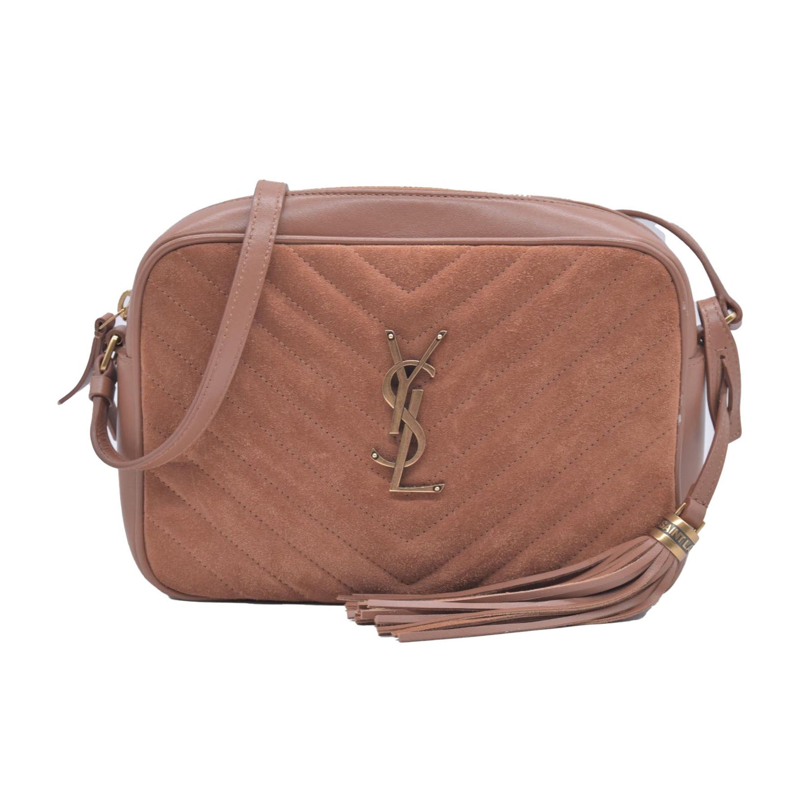 $1690 Saint Laurent Suede Matelasse Monogram Lou Camera Bag Cinnamon
