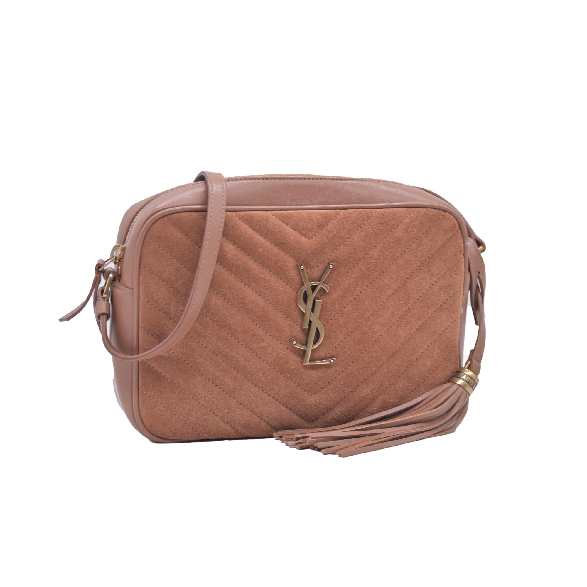 $1690 Saint Laurent Suede Matelasse Monogram Lou Camera Bag Cinnamon