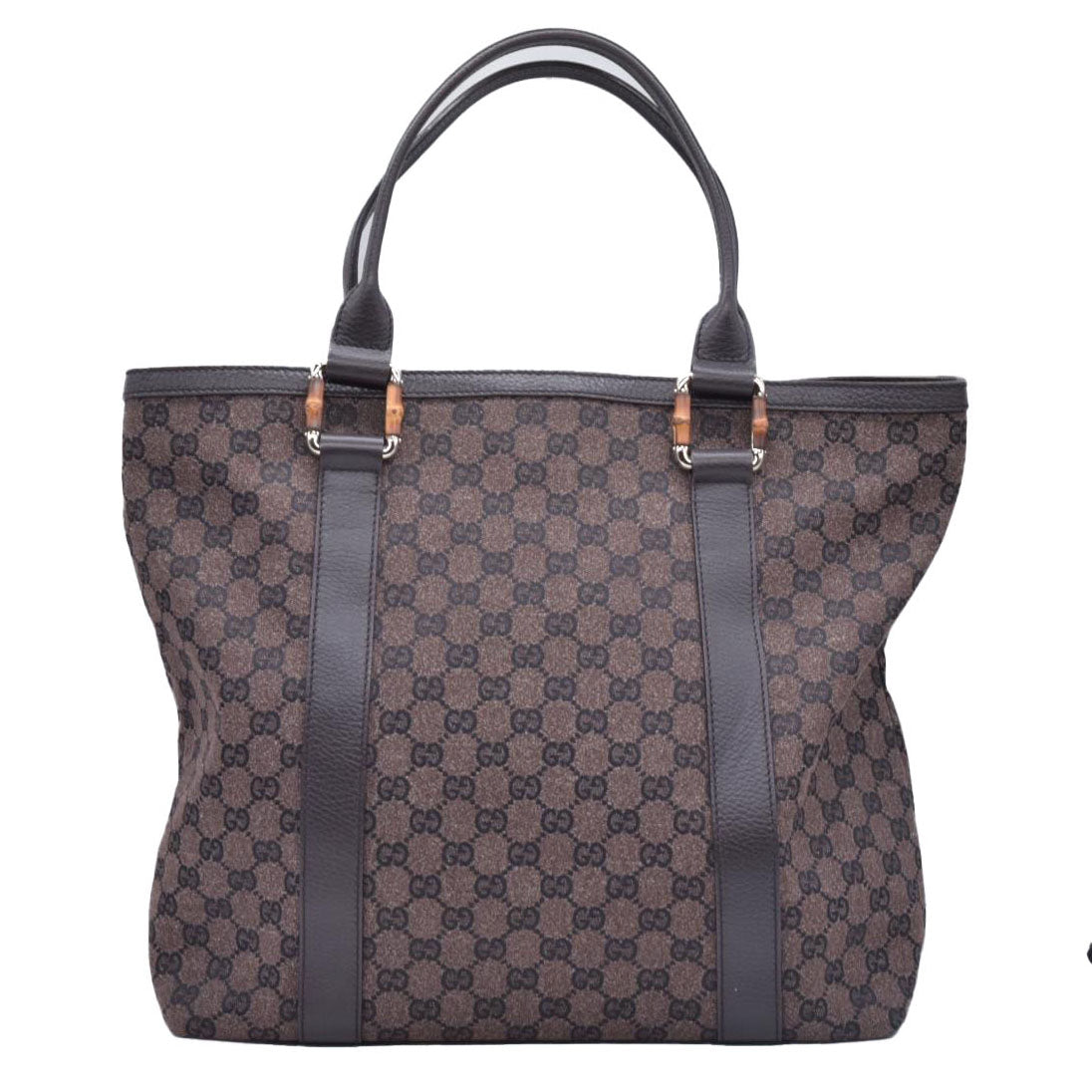 $1450 GUCCI GG Canvas Bamboo Ring Handle Tote Bag Brown CONSIGNMENT 10021346