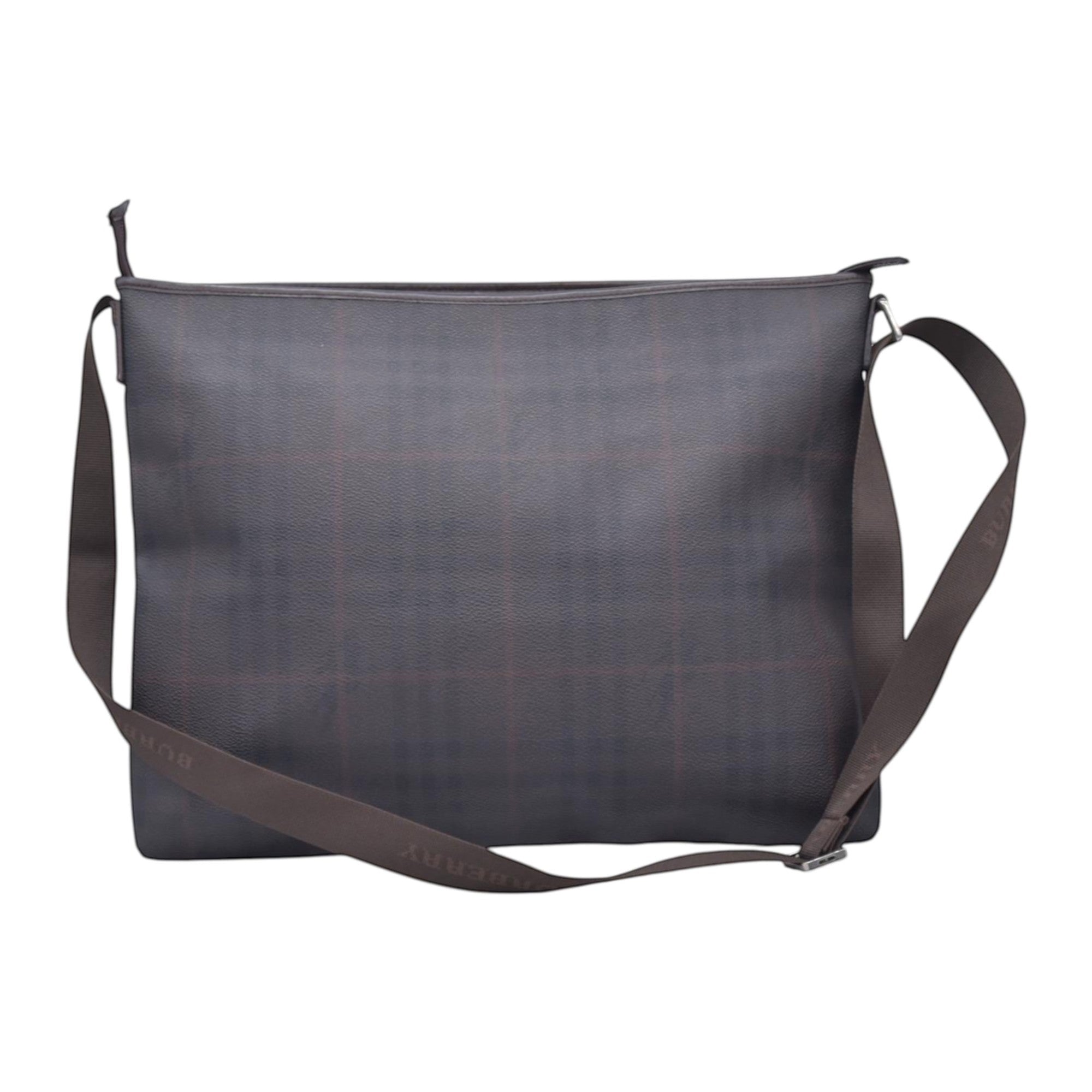 $780  BURBERRY Coated Canvas Check Flat Messenger Bag Dark Brown CONSIGNMENT 10021351