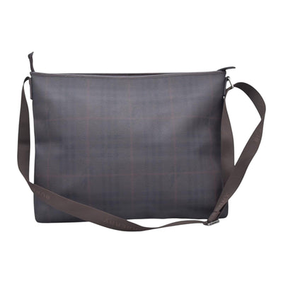 $780  BURBERRY Coated Canvas Check Flat Messenger Bag Dark Brown CONSIGNMENT 10021351
