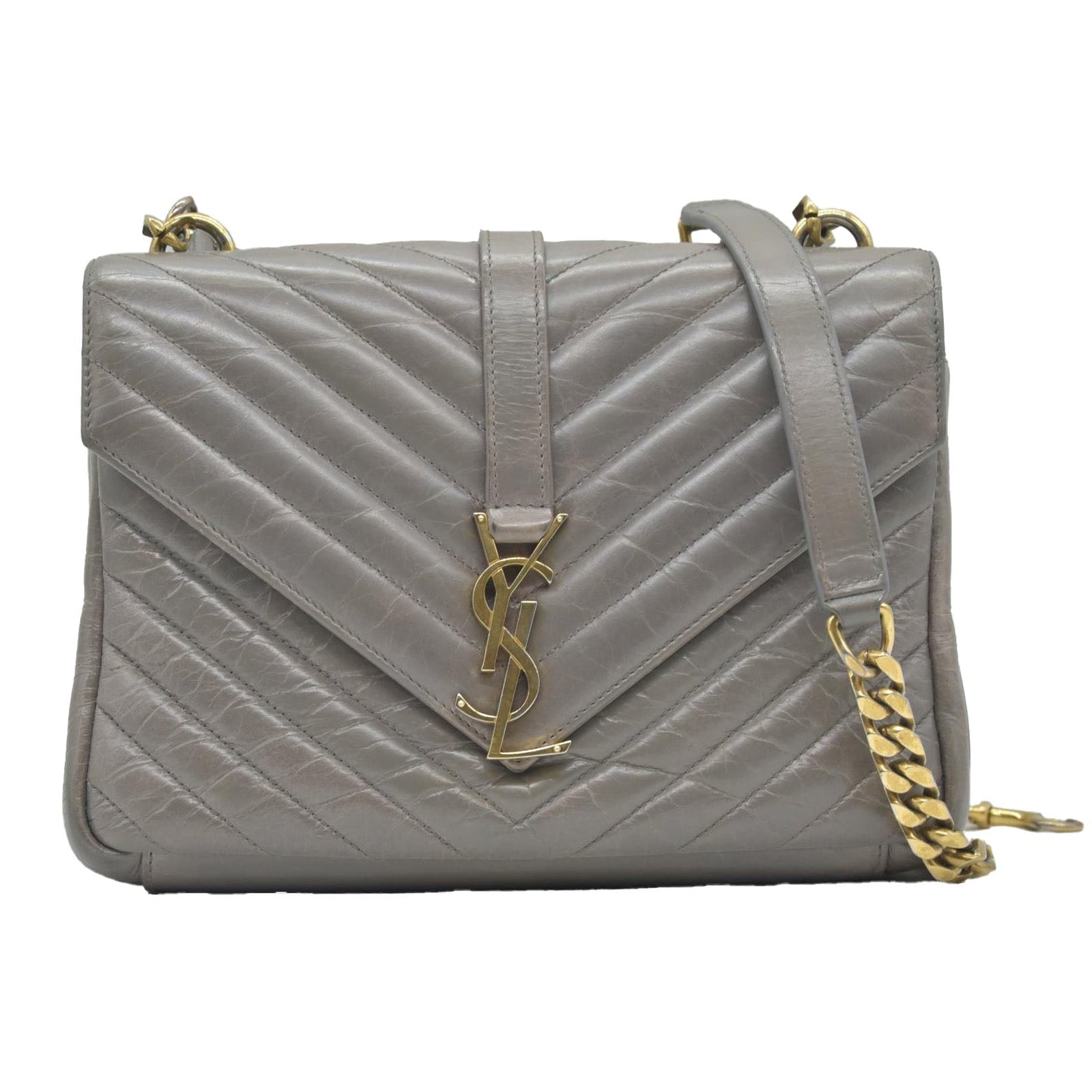 $2800 Saint Laurent Waxed Calfskin Matelasse Chevron Medium Monogram College Bag Fog Gray