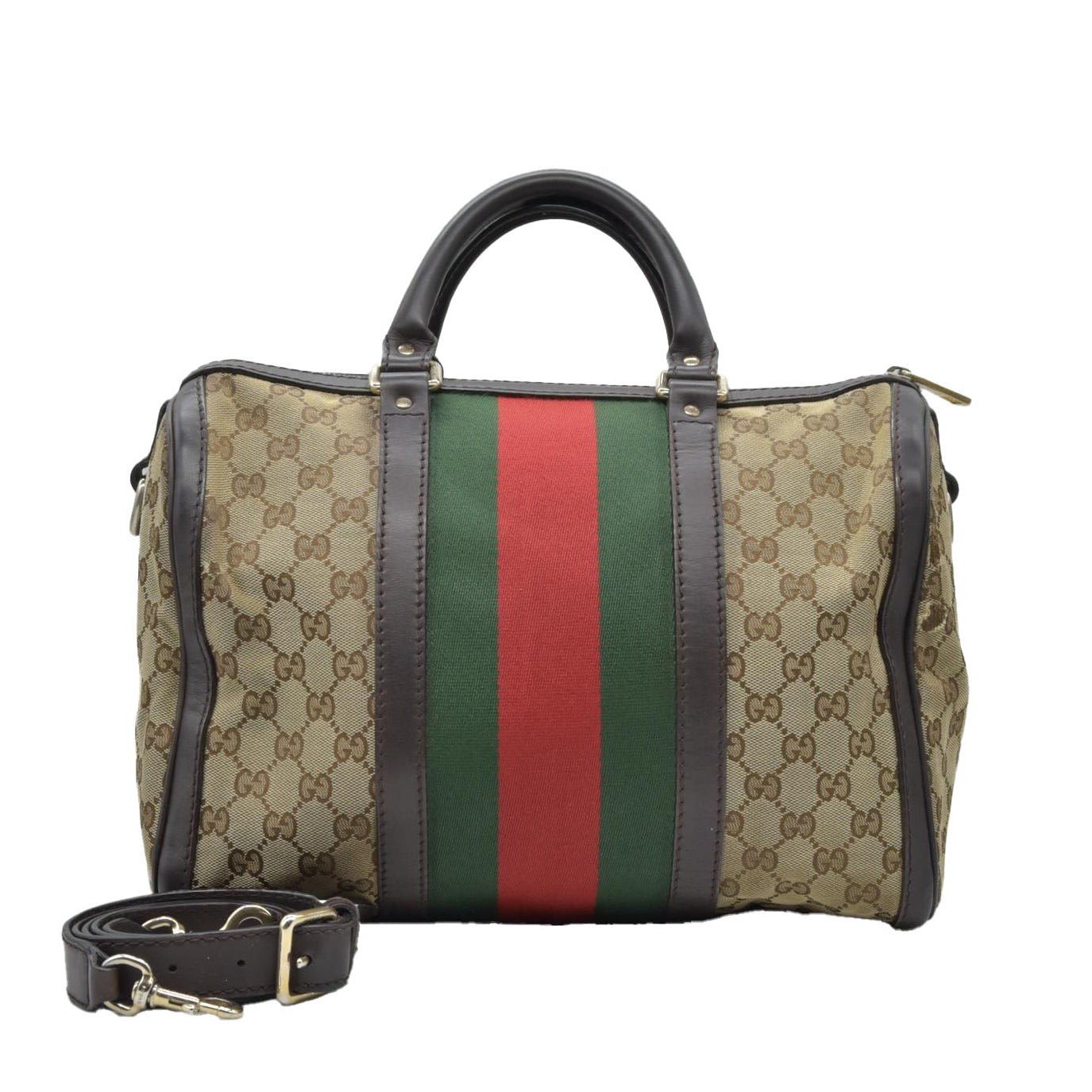 $1350 Gucci Monogram Selleria Calfskin Vintage Web Medium Boston Dark Brown