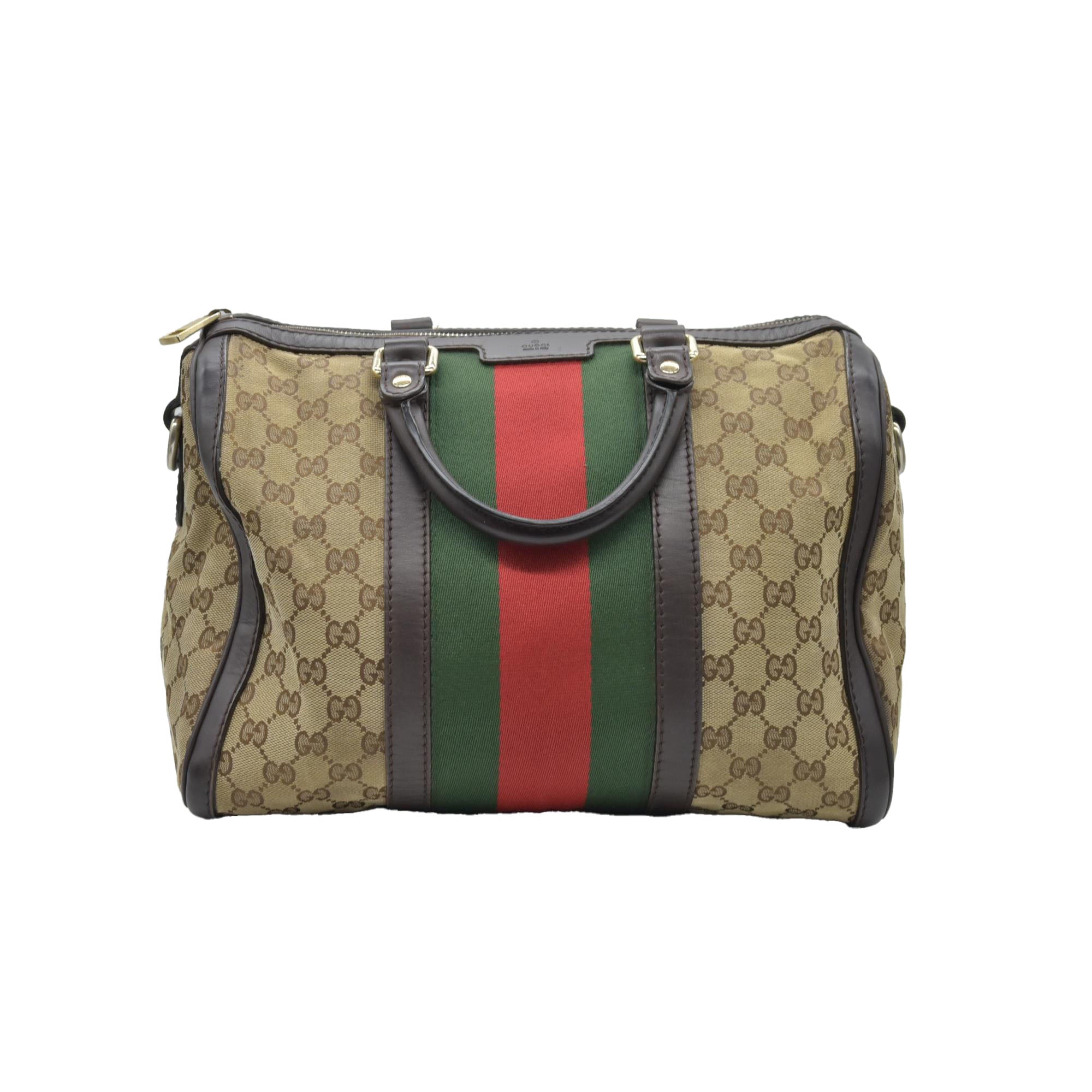 $1350 Gucci Monogram Selleria Calfskin Vintage Web Medium Boston Dark Brown
