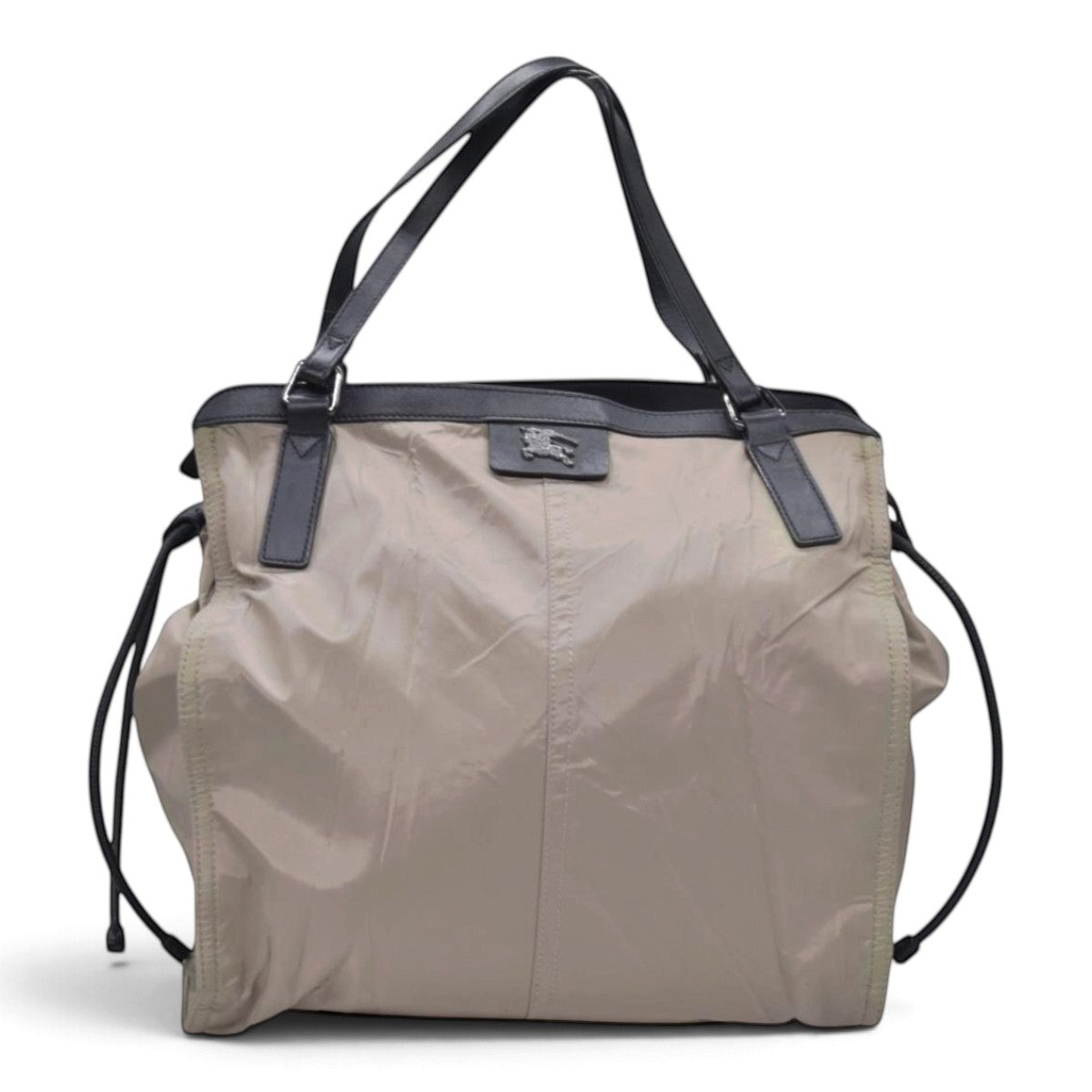 $1050 BURBERRY Nylon & Leather Drawstring Knight Emblem Tote Bag Beige Dark Brown CONSIGNMENT 10021354