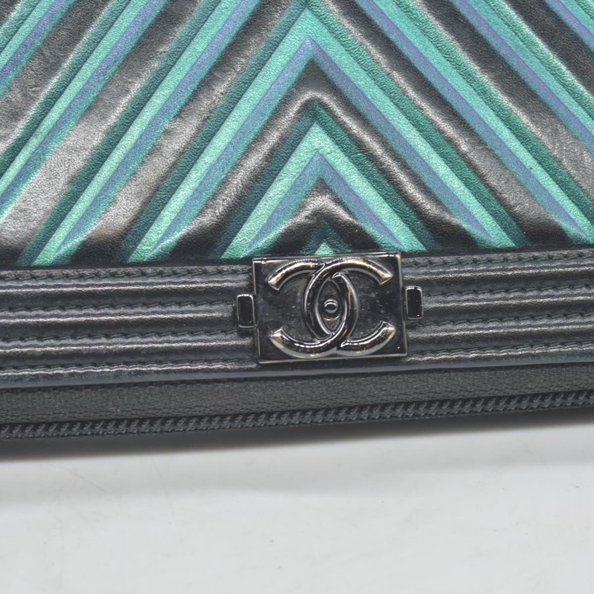 Chanel Calfskin Chevron Quilted Iridescent Zip Around Boy Wallet CONSIGNMENT