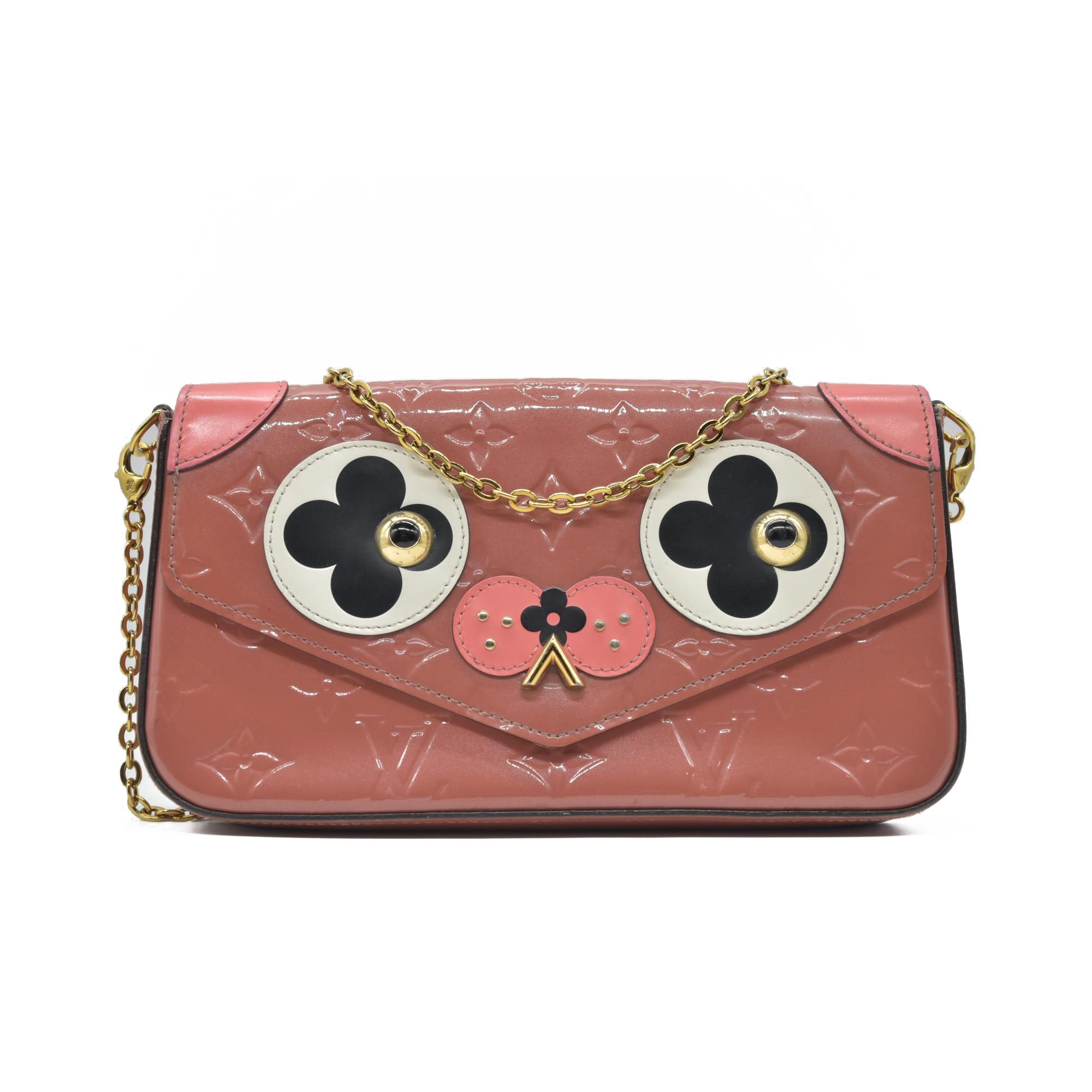 $1460 2018 Louis Vuitton Vernis Valentine Dog Pochette Felicie Chain Wallet Pink TJ0148