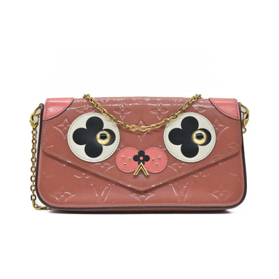 $1460 2018 Louis Vuitton Vernis Valentine Dog Pochette Felicie Chain Wallet Pink TJ0148