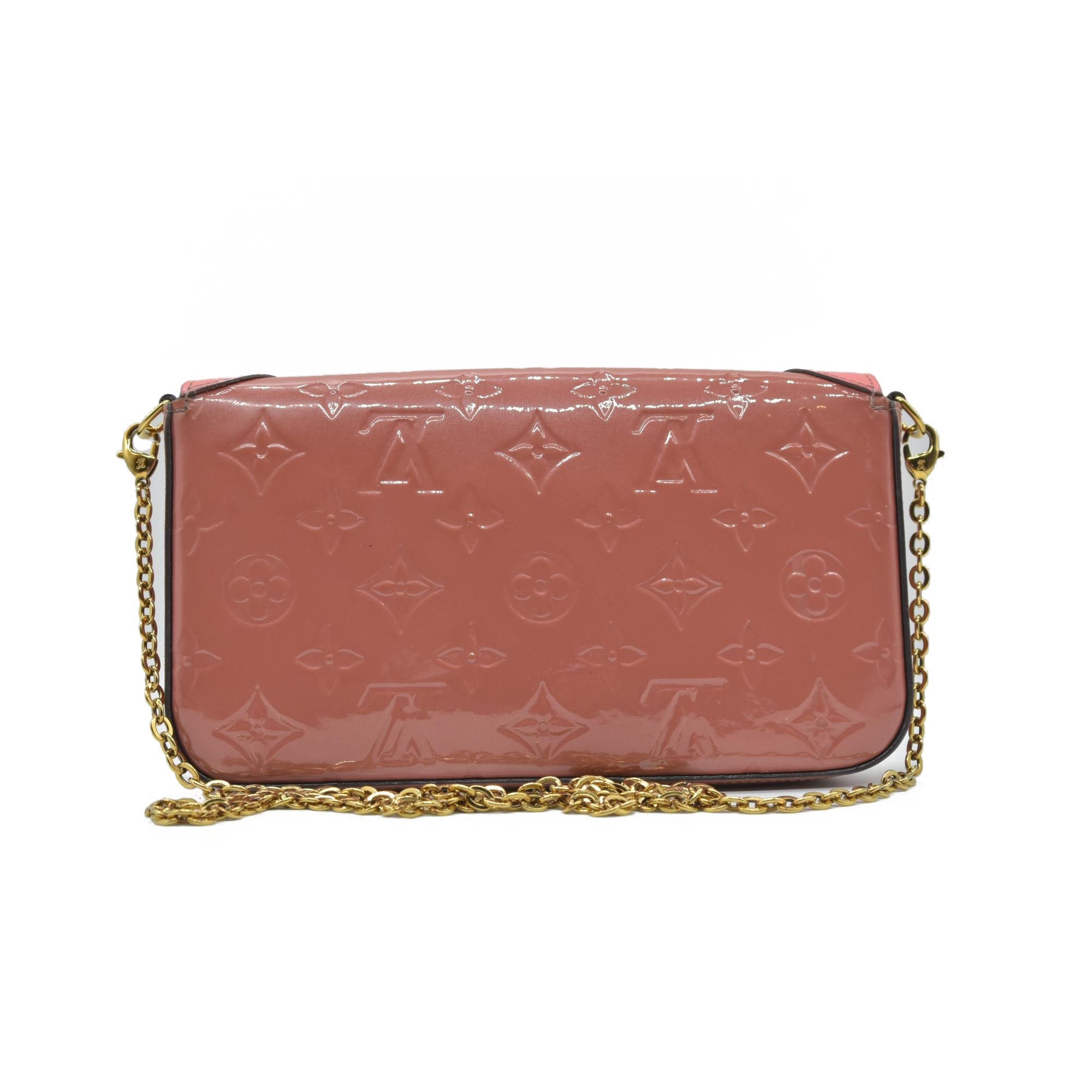 $1460 2018 Louis Vuitton Vernis Valentine Dog Pochette Felicie Chain Wallet Pink TJ0148