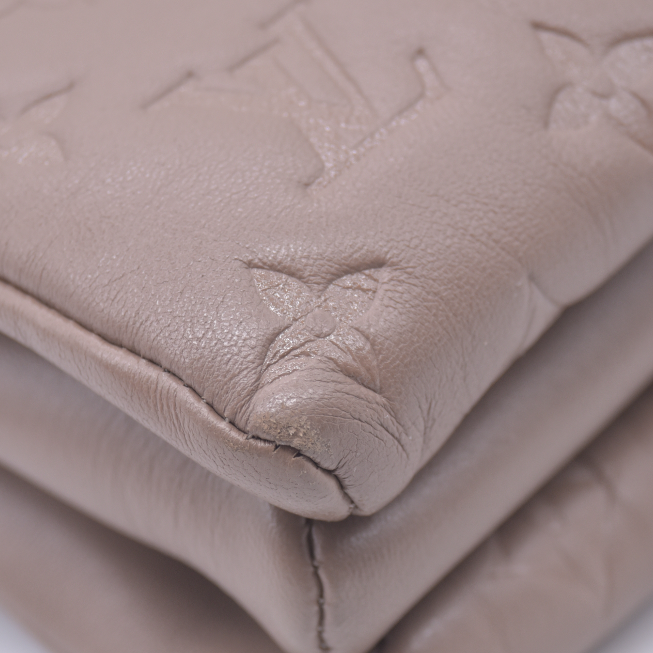 $5500 Louis Vuitton Lambskin Embossed Monogram Coussin MM Taupe RFID 10021358
