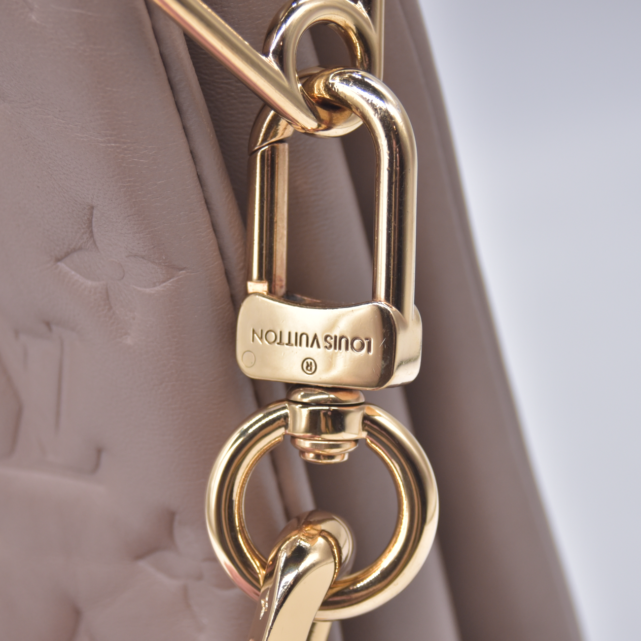$5500 Louis Vuitton Lambskin Embossed Monogram Coussin MM Taupe RFID 10021358