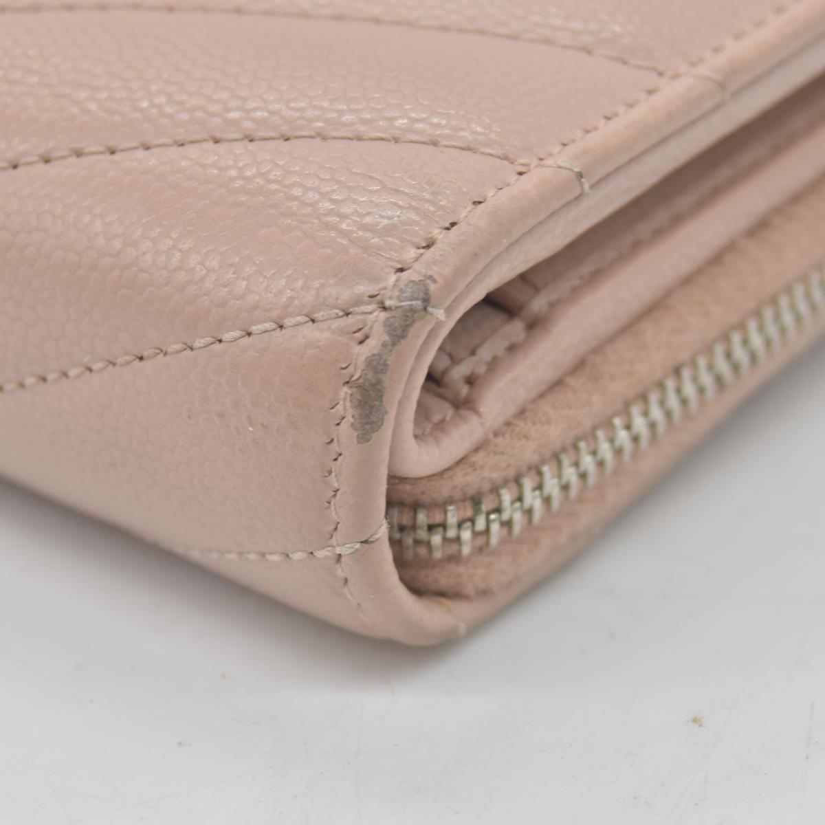 $625 Saint Laurent Grain De Poudre Matelasse Chevron Monogram Compact Zip Around Wallet Pink