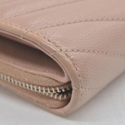 $625 Saint Laurent Grain De Poudre Matelasse Chevron Monogram Compact Zip Around Wallet Pink