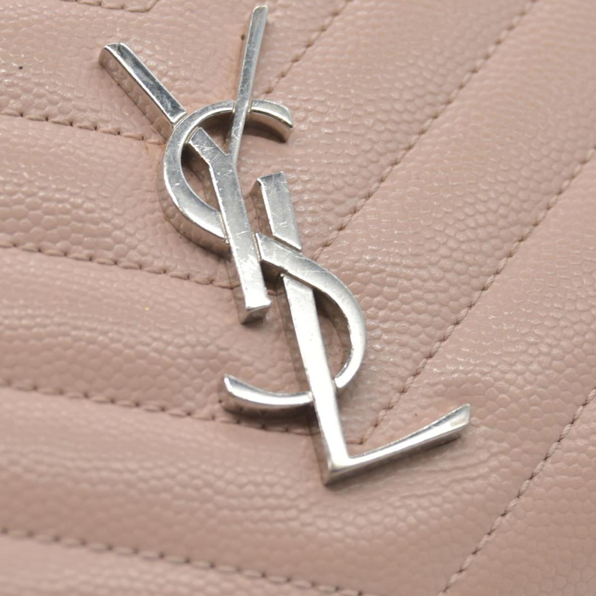 $625 Saint Laurent Grain De Poudre Matelasse Chevron Monogram Compact Zip Around Wallet Pink