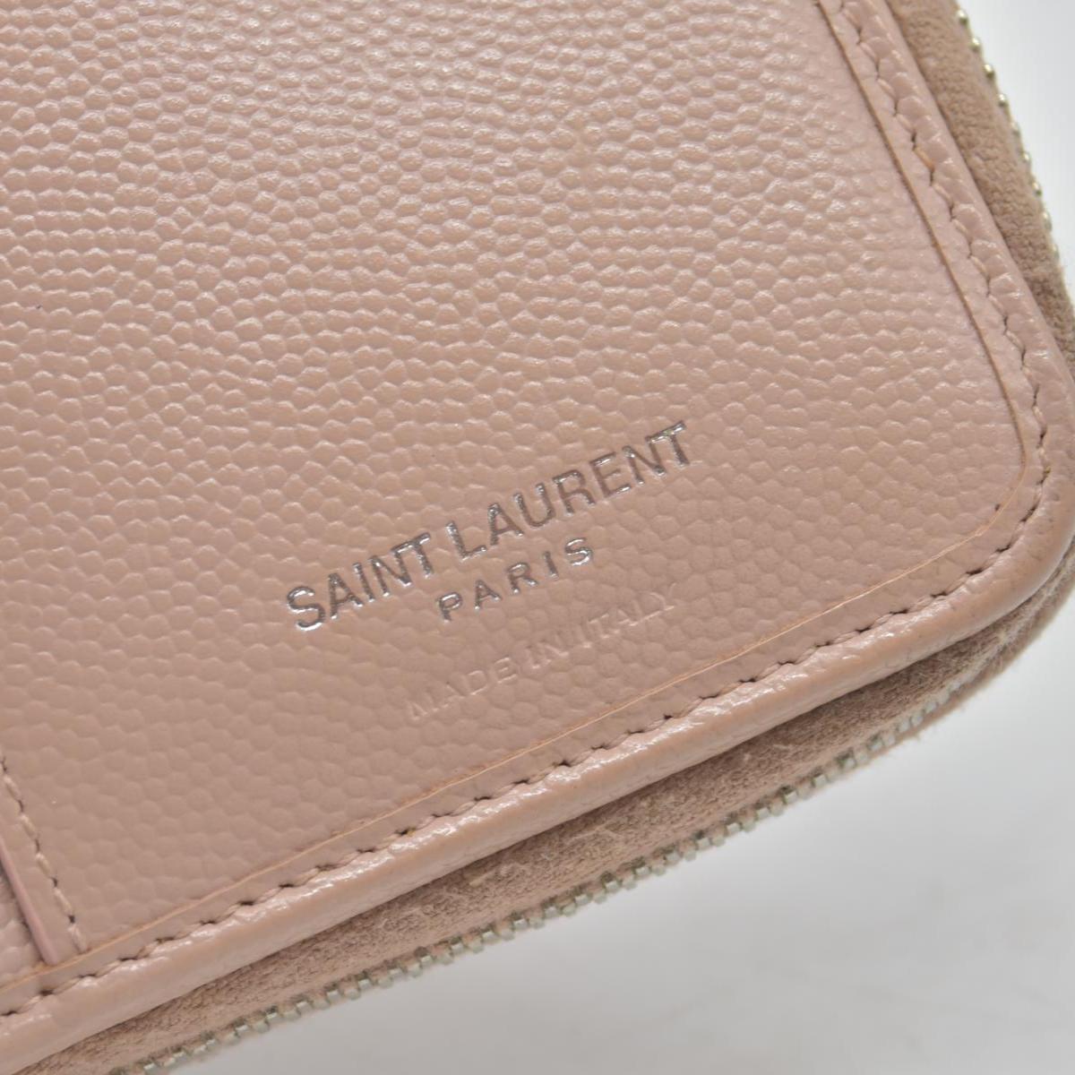 $625 Saint Laurent Grain De Poudre Matelasse Chevron Monogram Compact Zip Around Wallet Pink