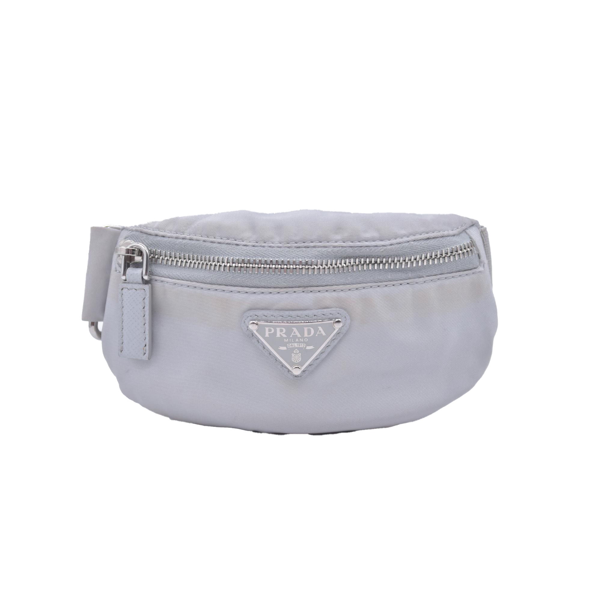 $925 Prada Triangle Plate Wrist Pouch Silver