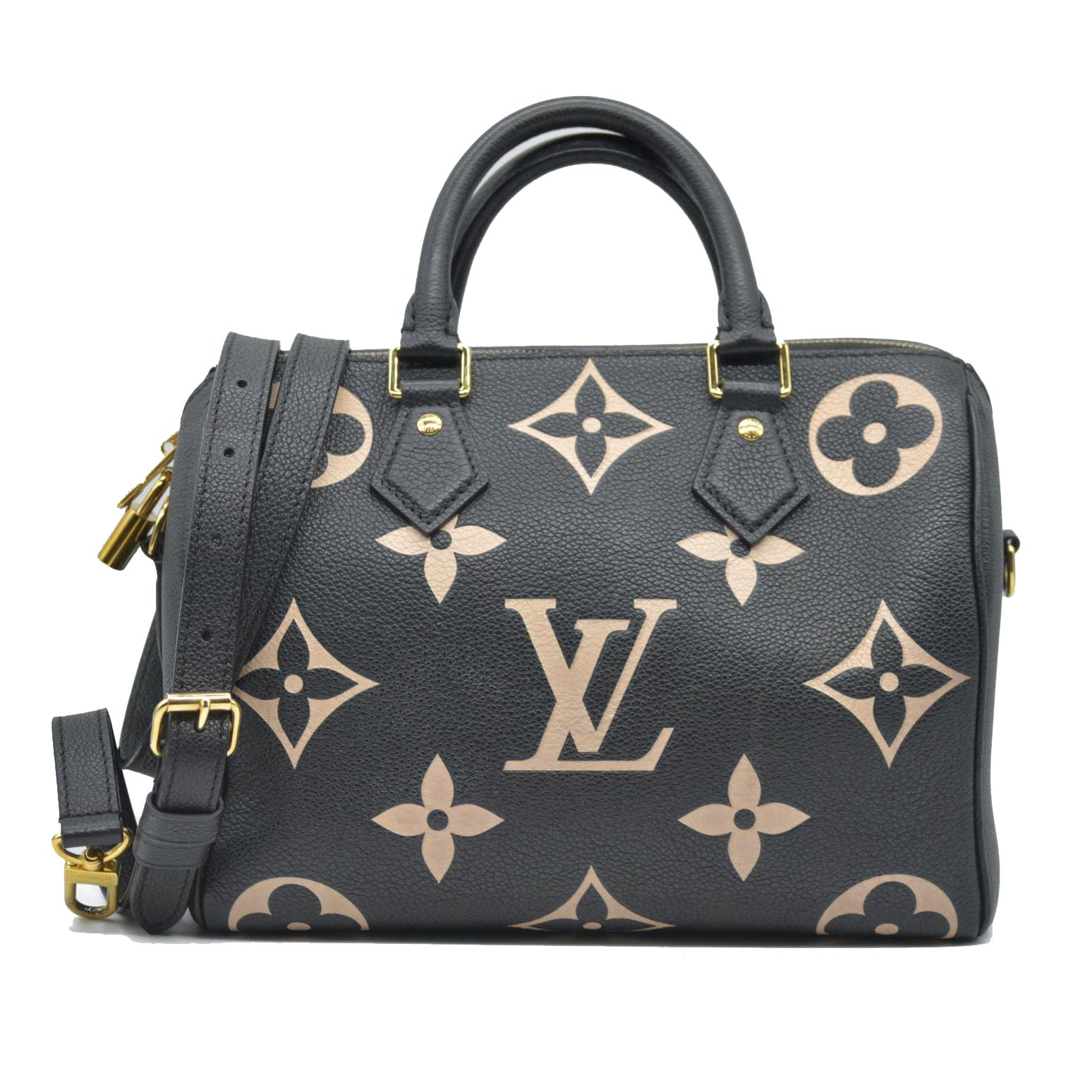 $3100 Louis Vuitton  Empreinte Monogram Giant Speedy Bandouliere 25 Black Beige