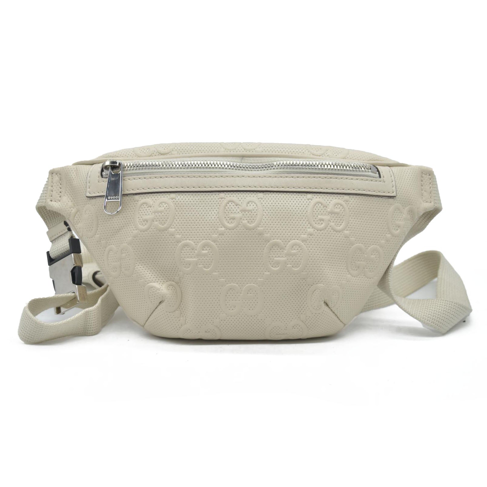 $950 Gucci  Calfskin GG Tennis Embossed Belt Bag Mystic White