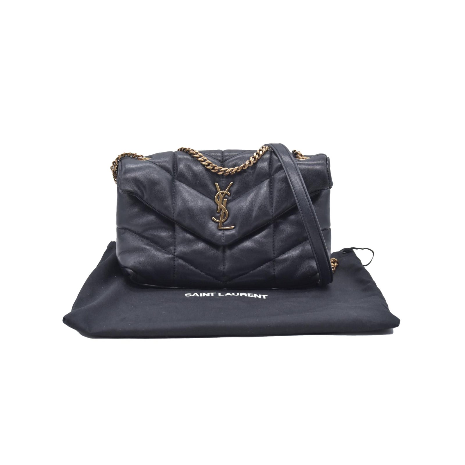 $2490 2022 Saint Laurent Lambskin Quilted Toy Loulou Puffer Monogram Chain Satchel Black