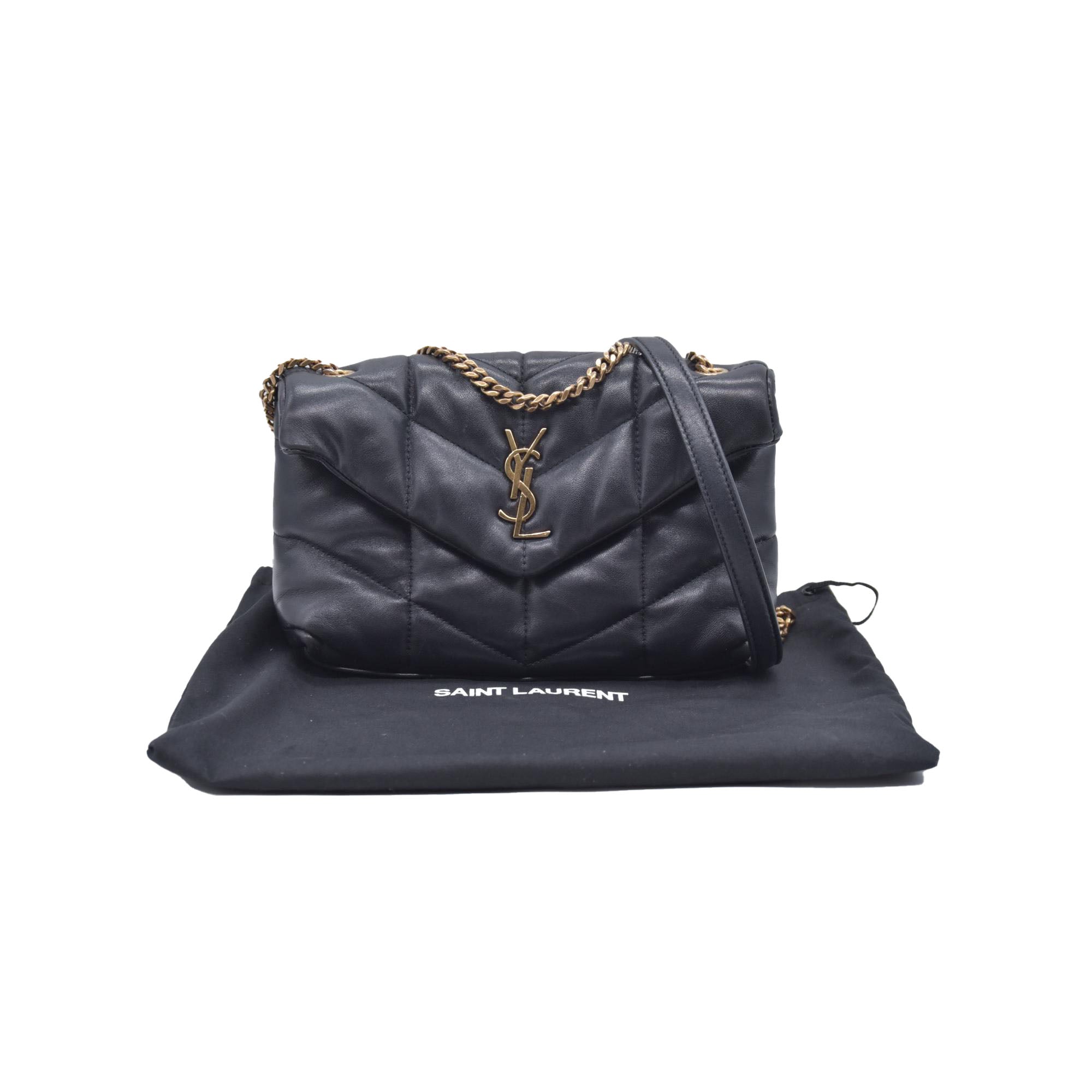 $2490 2022 Saint Laurent Lambskin Quilted Toy Loulou Puffer Monogram Chain Satchel Black