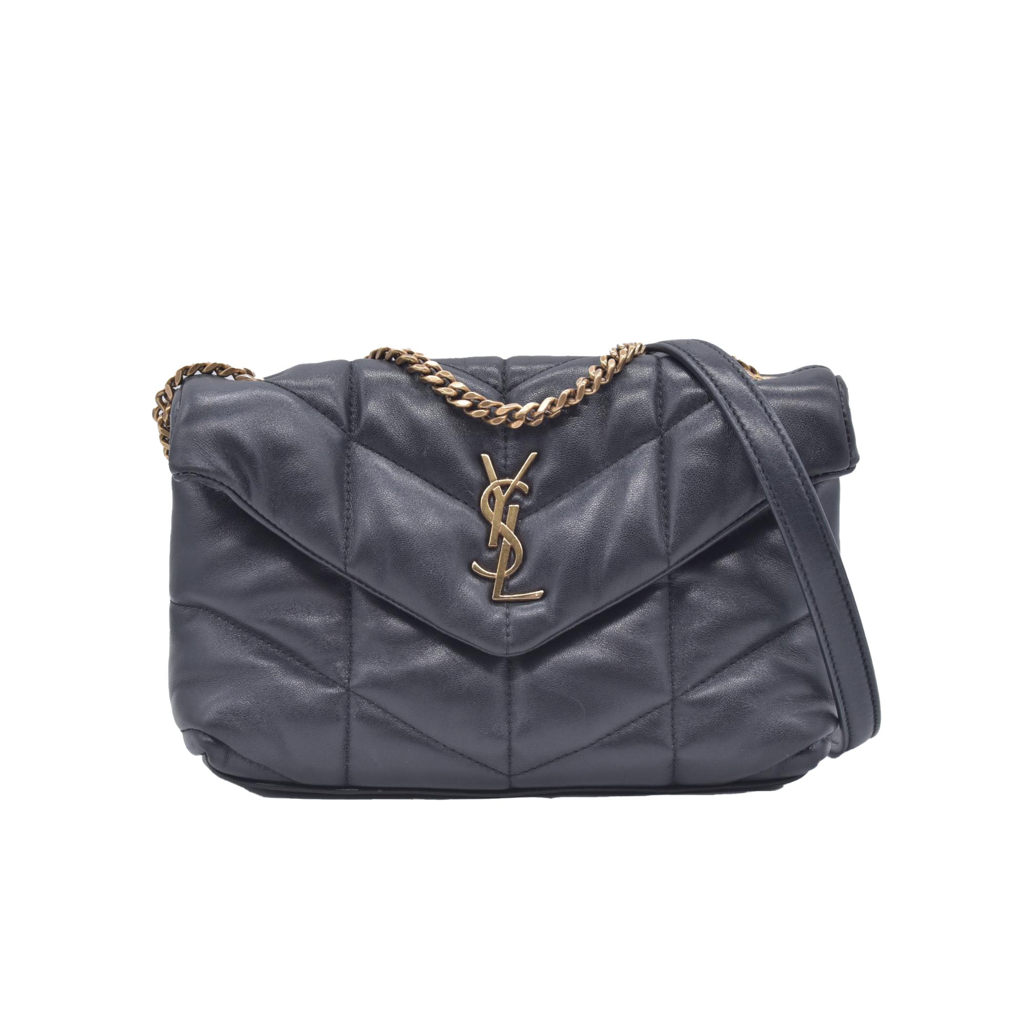 $2490 2022 Saint Laurent Lambskin Quilted Toy Loulou Puffer Monogram Chain Satchel Black