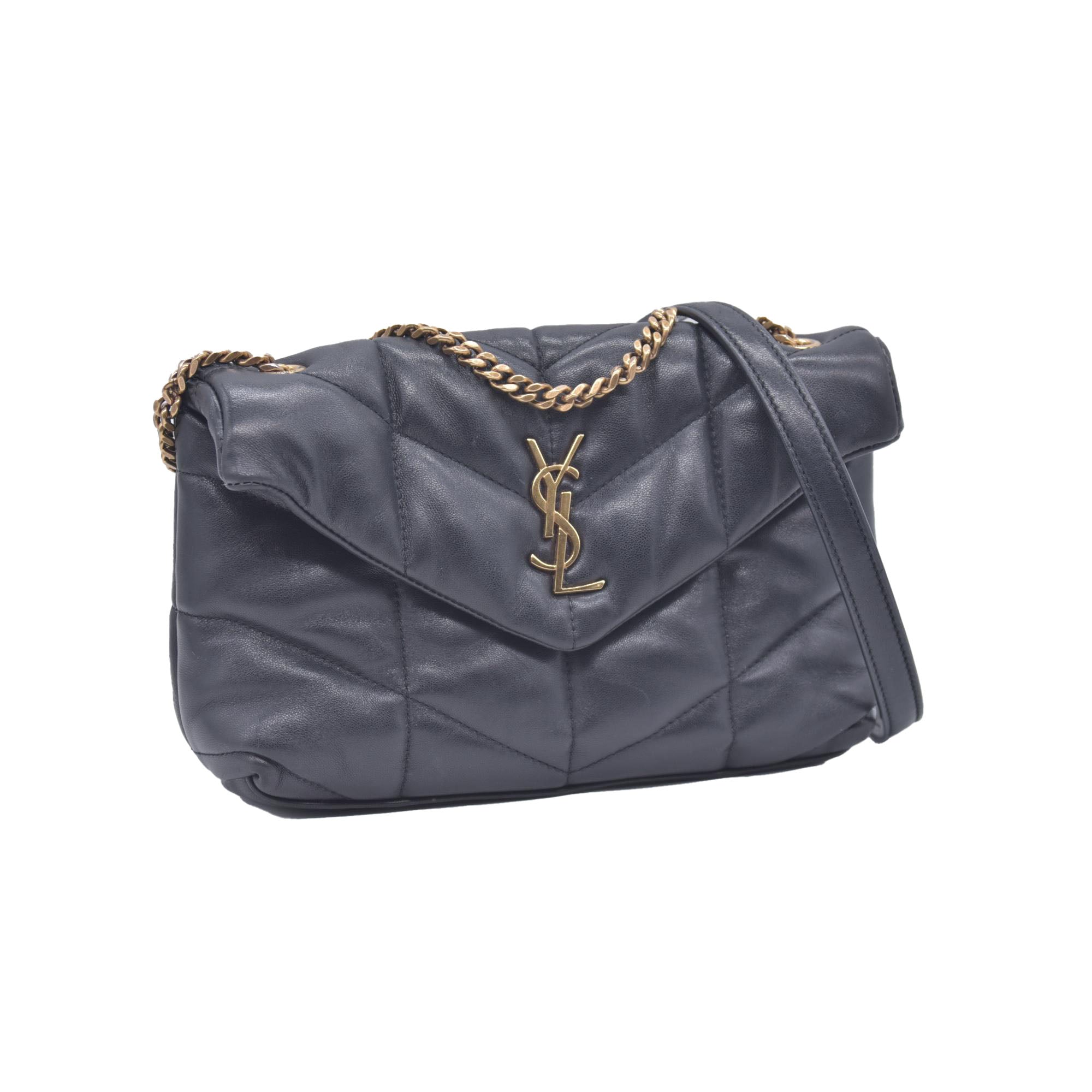 $2490 2022 Saint Laurent Lambskin Quilted Toy Loulou Puffer Monogram Chain Satchel Black