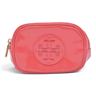 $180 TORY BURCH Patent Leather Double T Logo Cosmetic Pouch Coral Pink CONSIGNMENT 10021422