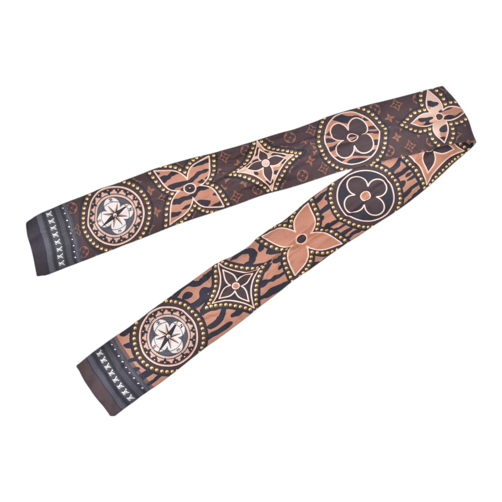 $270 LOUIS VUITTON Silk Monogram Wild At Heart Bandeau Scarf Brown Beige CONSIGNMENT 10021424