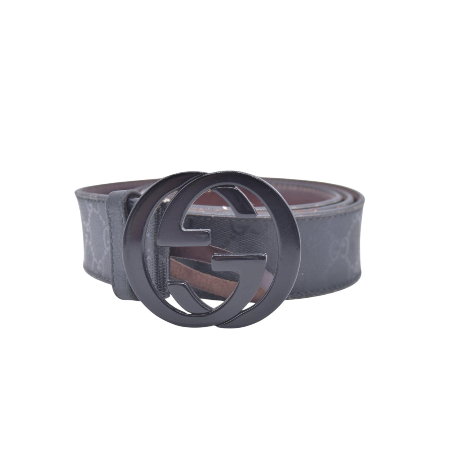 $490 GUCCI Imprime Monogram Interlocking G Buckle Belt Black Dark Grey CONSIGNMENT 10021426