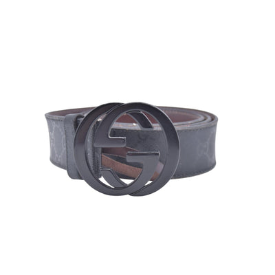 $490 GUCCI Imprime Monogram Interlocking G Buckle Belt Black Dark Grey CONSIGNMENT 10021426
