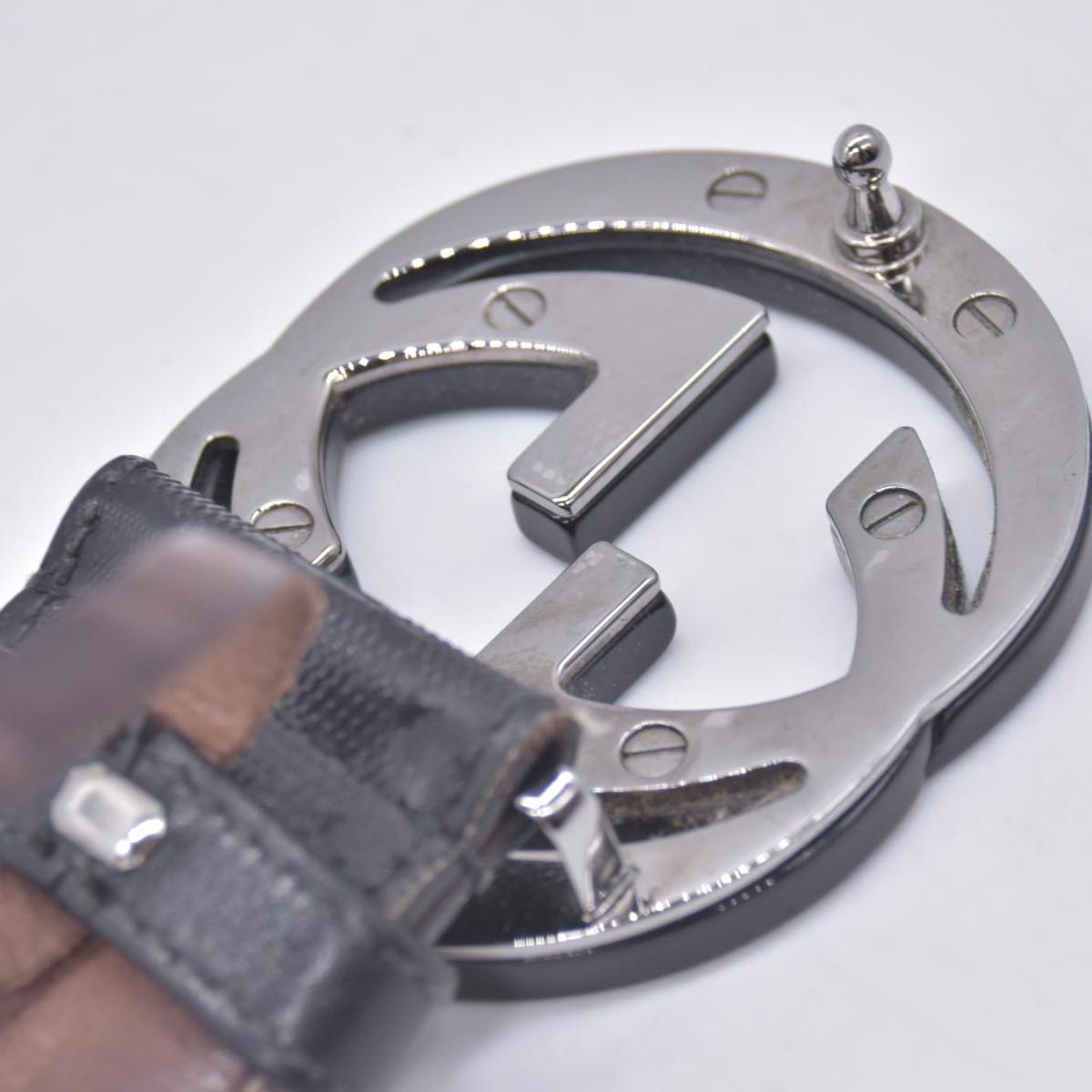 $490 GUCCI Imprime Monogram Interlocking G Buckle Belt Black Dark Grey CONSIGNMENT 10021426