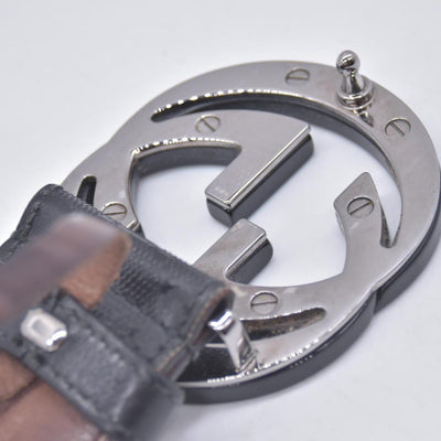 $490 GUCCI Imprime Monogram Interlocking G Buckle Belt Black Dark Grey CONSIGNMENT 10021426