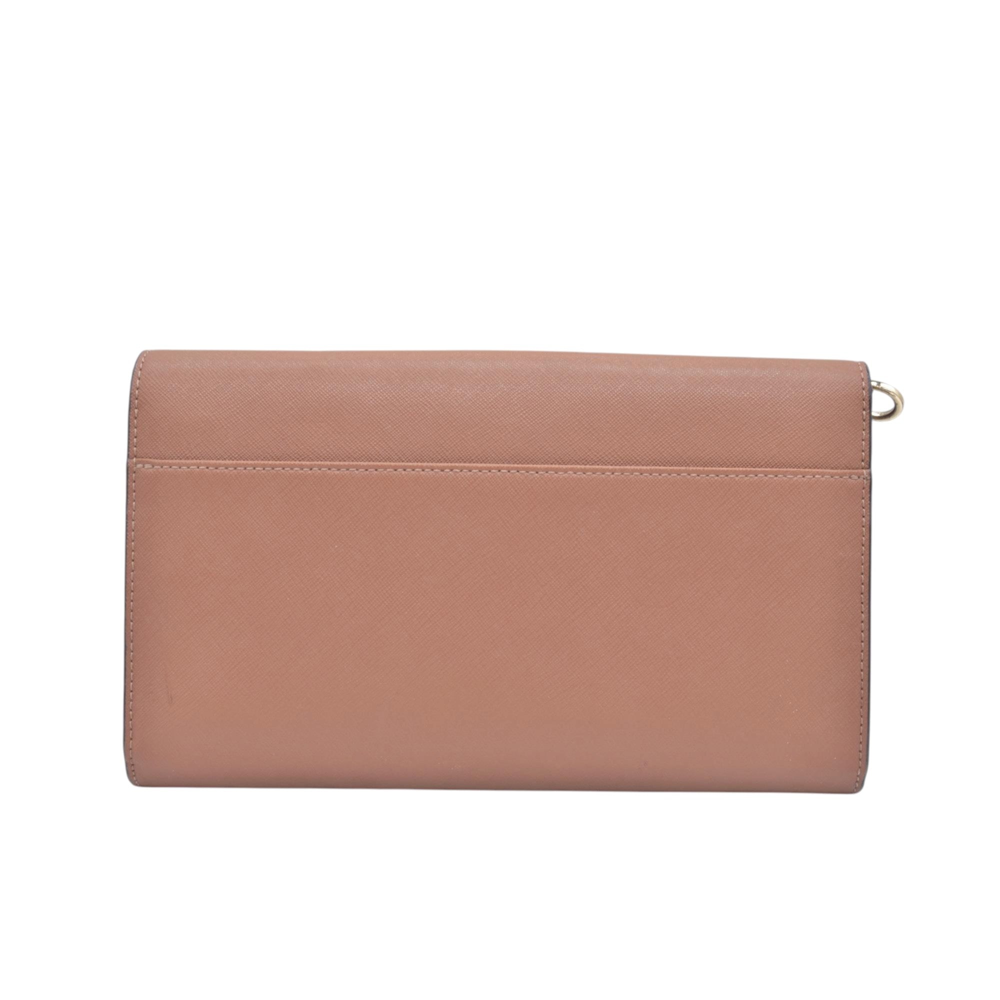 $298 TORY BURCH Envelope Saffiano Leather Crossbody Wallet on Chain Tan CONSIGNMENT 10021423
