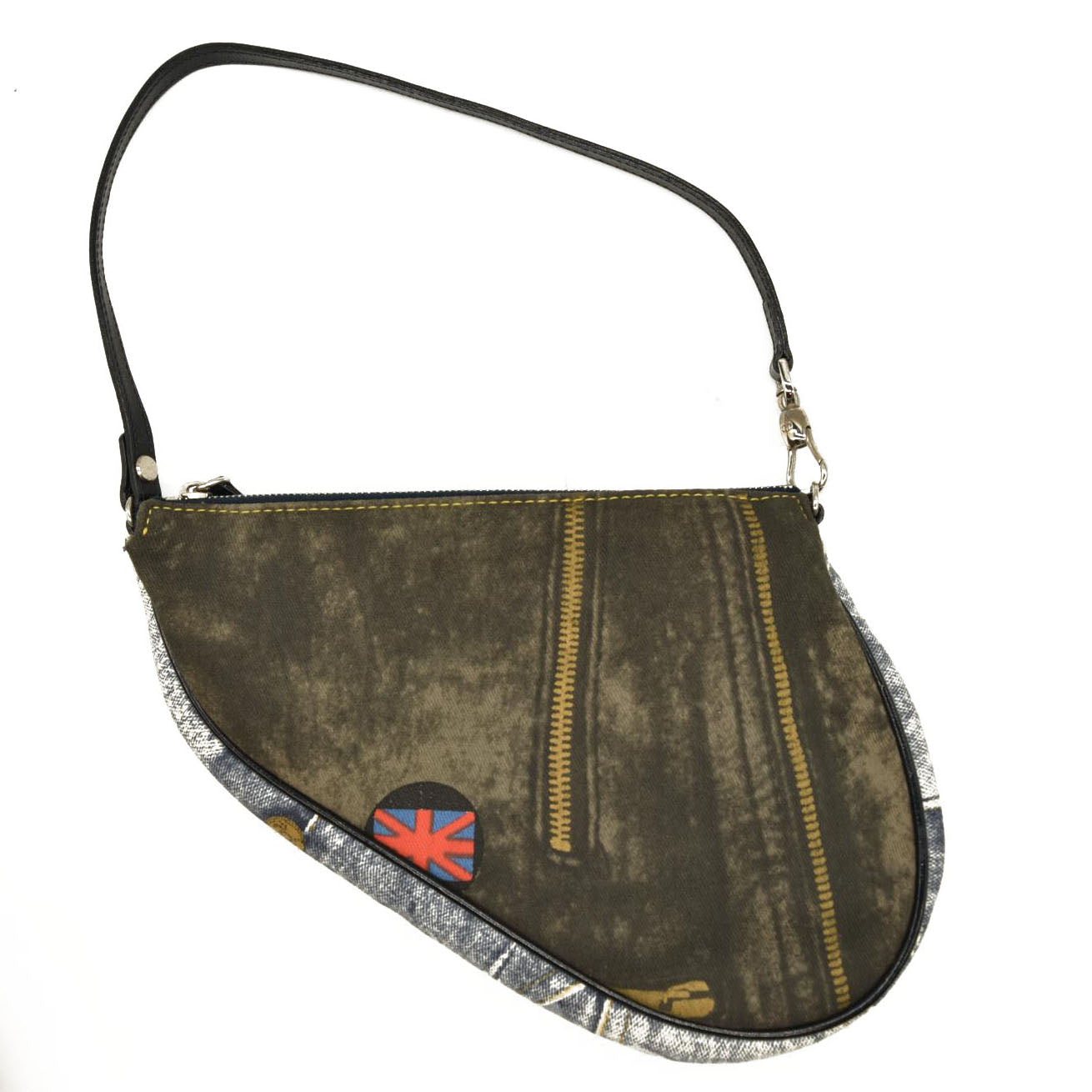 CHRISTIAN DIOR Grained Calfskin Saddle Bag Dark Gray Navy Multi
