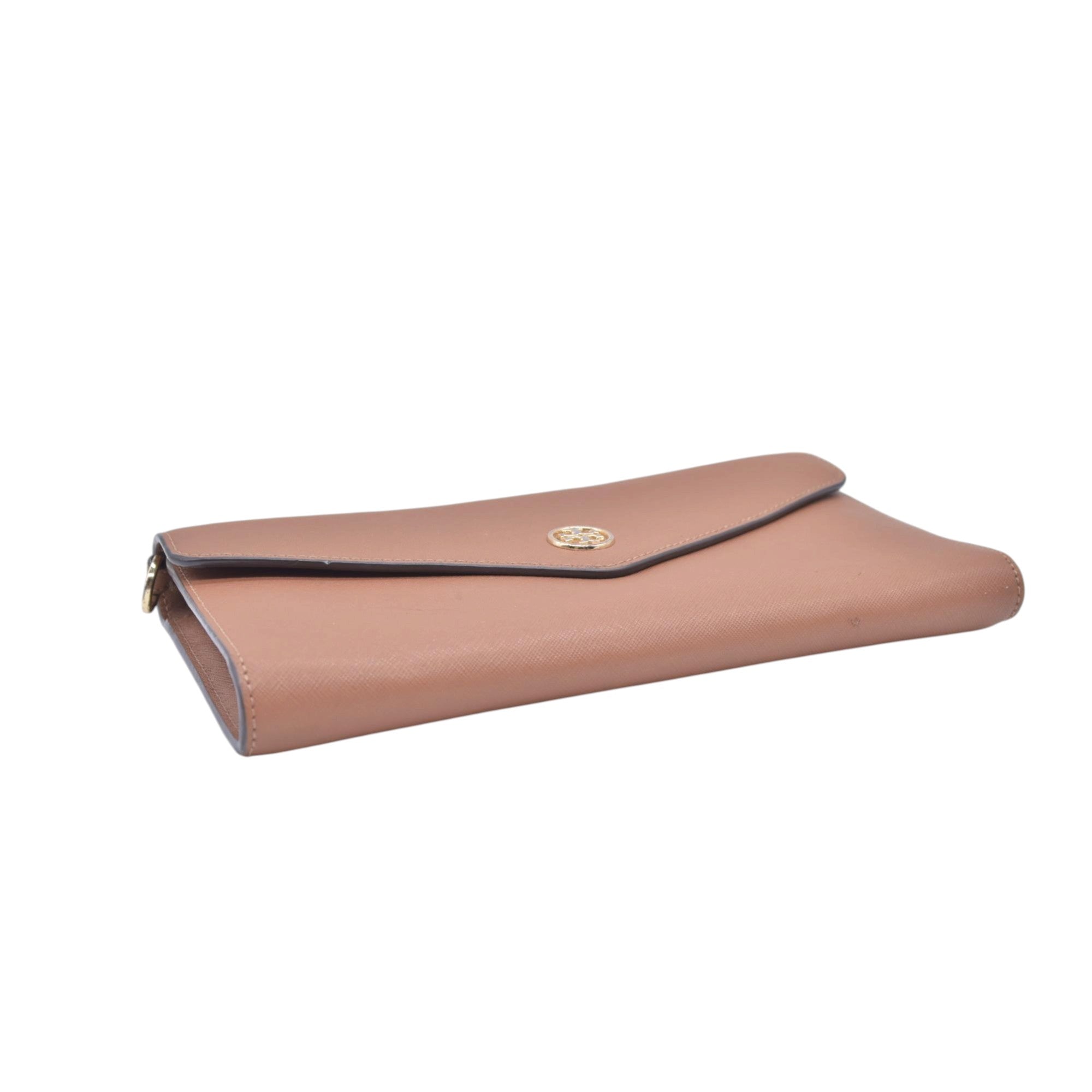 $298 TORY BURCH Envelope Saffiano Leather Crossbody Wallet on Chain Tan CONSIGNMENT 10021423