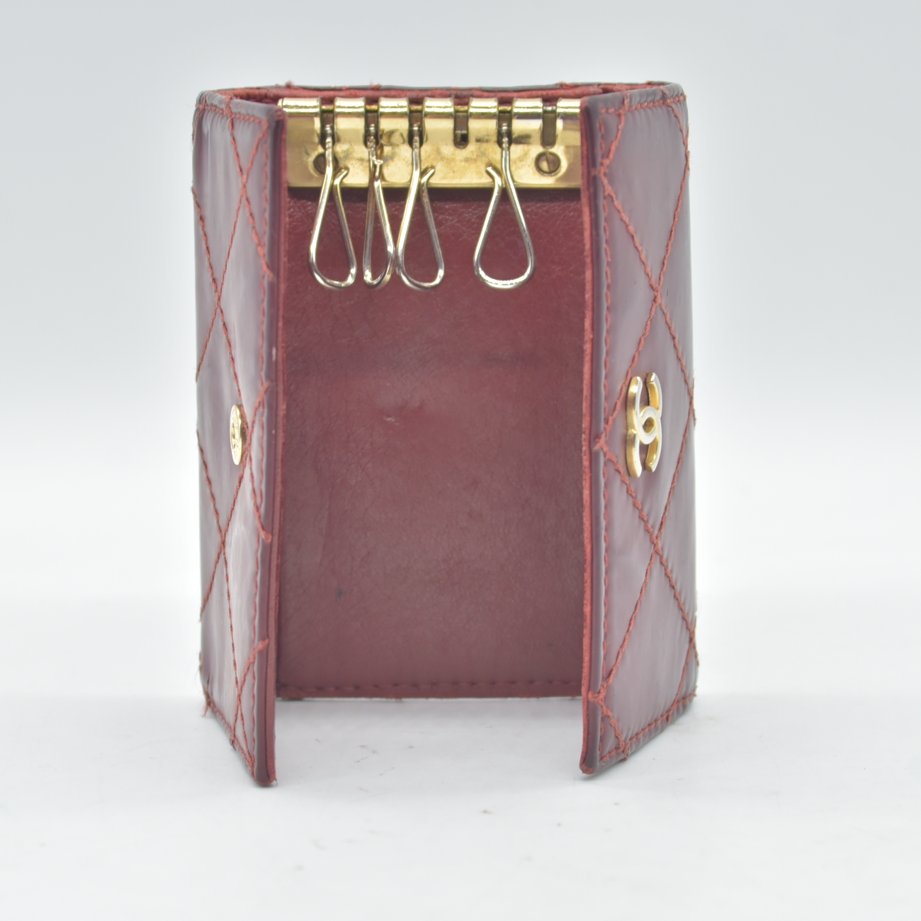 $750 2004 Chanel Calfskin Wild Stitch 6 Key Ring Holder Burgundy 10019940