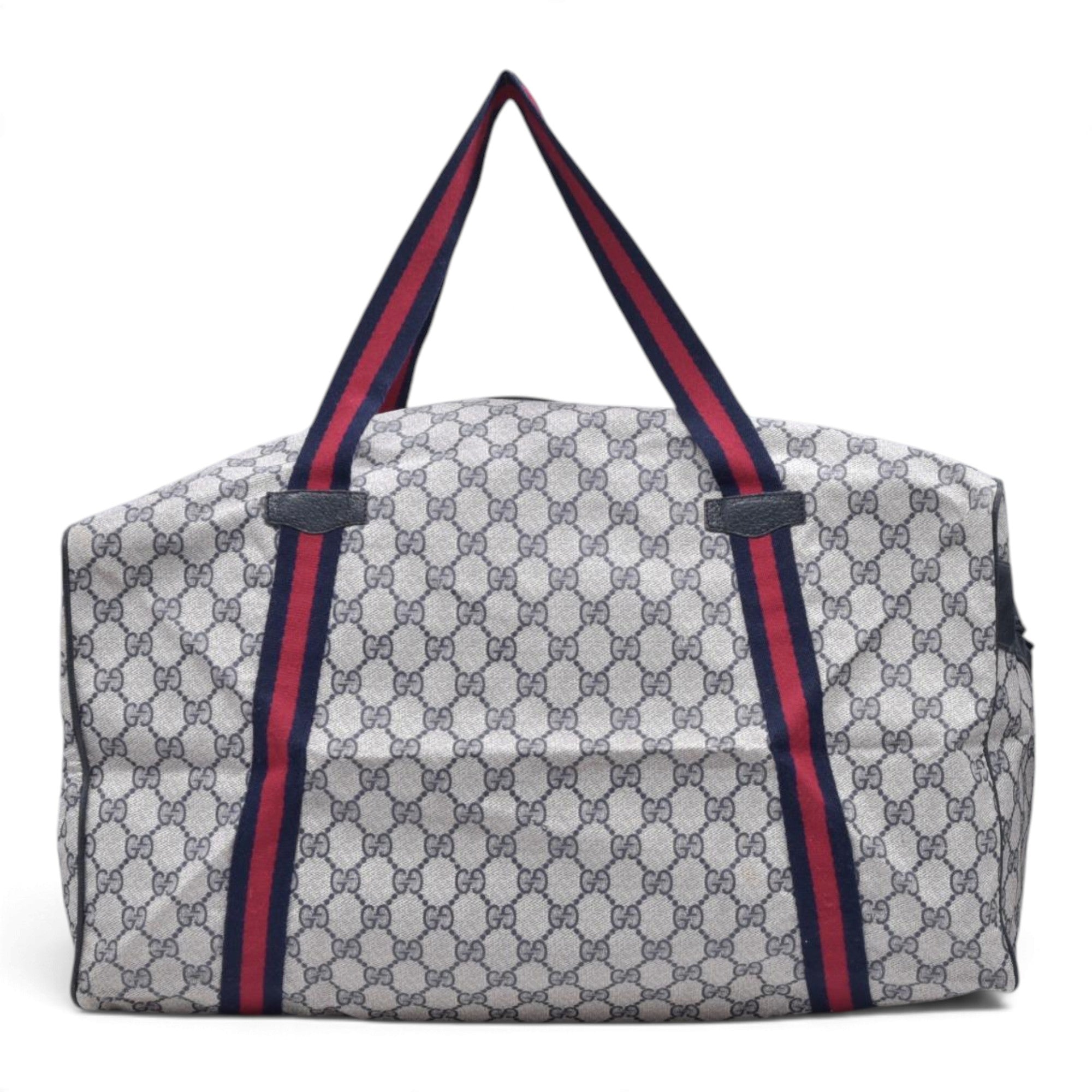 $1150 GUCCI Vintage Navy GG Supreme Web Boston Duffle Bag Blue Grey CONSIGNMENT 10021219