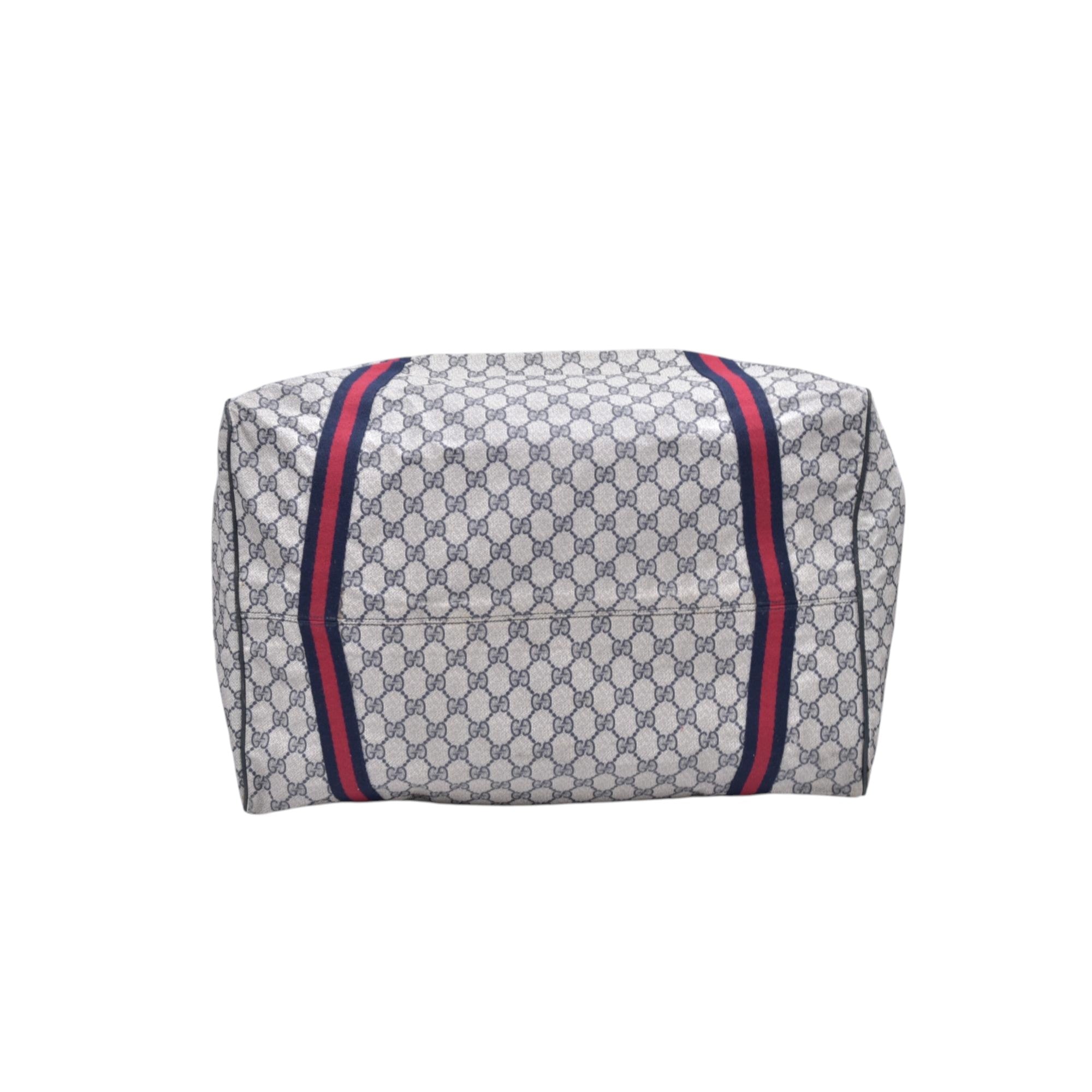 $1150 GUCCI Vintage Navy GG Supreme Web Boston Duffle Bag Blue Grey CONSIGNMENT 10021219