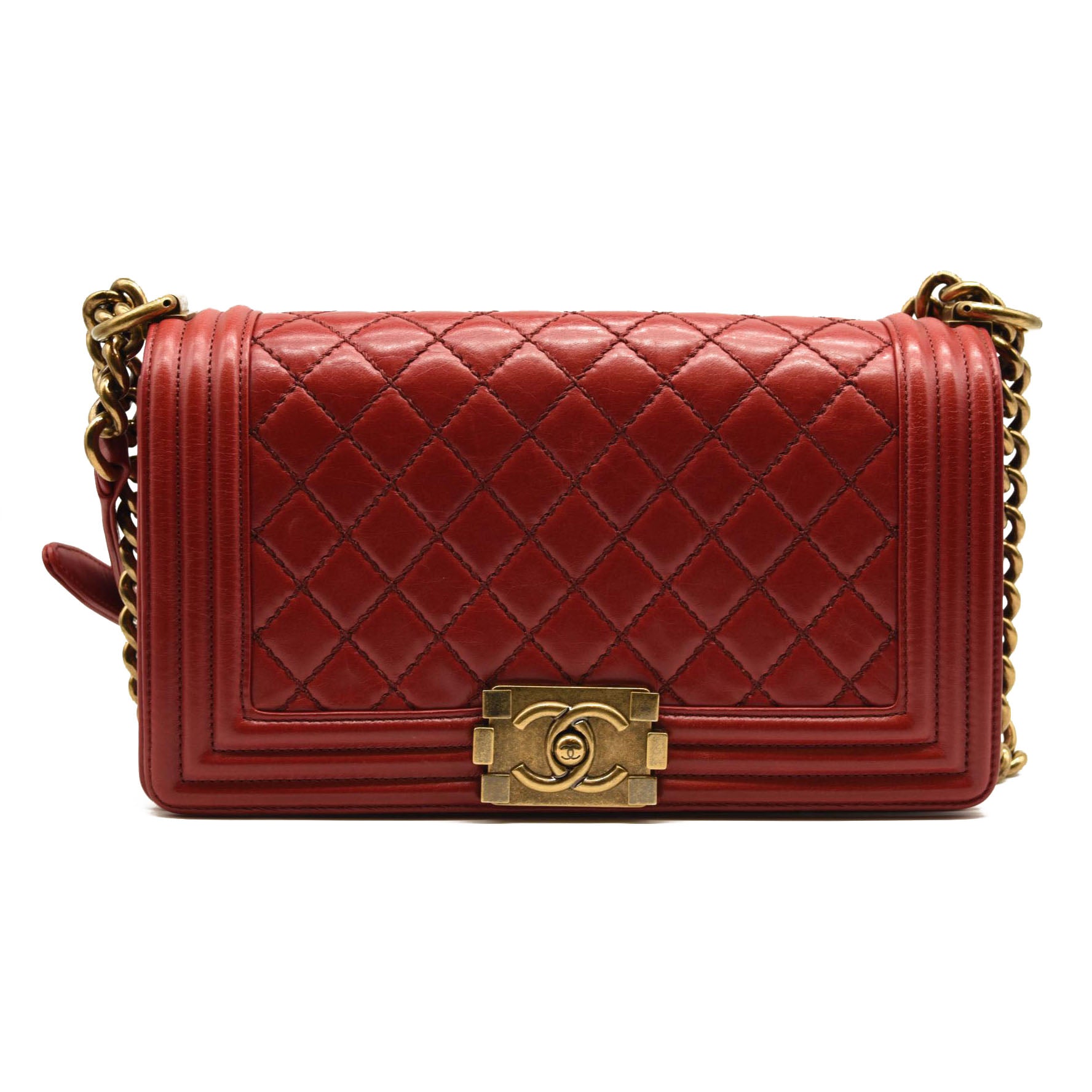 CHANEL Calfskin Double Stitch New Medium Boy Flap Red