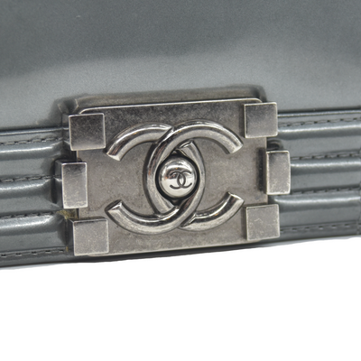 $4700 2012 Chanel Medium Boy Electric Silver Patent Leather Logo CC Flap